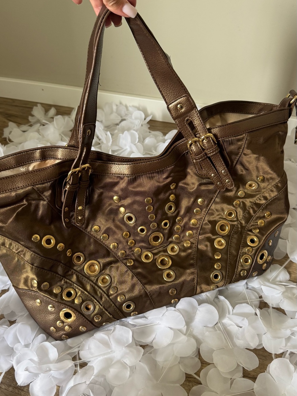 Brown Metallic Tote Bag with Gold Stud Detailing